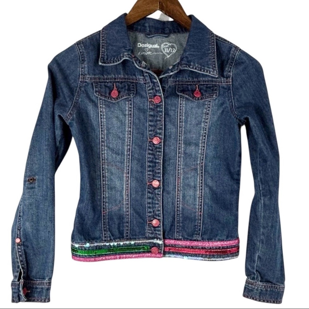 Desigual Girls Sequin & Geometric Design Detailed Denim Jean Jacket sz 11/12